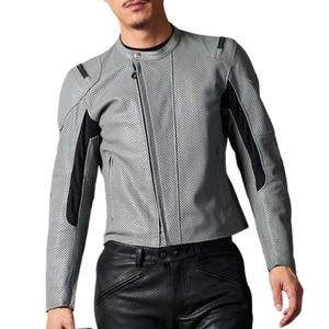 Men's New Fashion Grey Genuine Leather Racing Motorbike Jacket With Red Lines CE Armours Protection Motorcycle Jacket For Men - Product Image 3