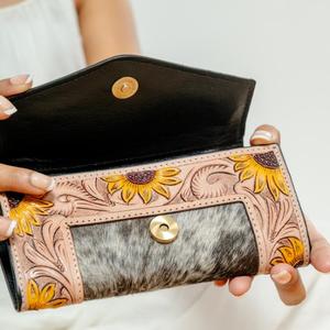 Cartera tallada a mano de nuevo diseñador, cartera de mano con estilo de cuero genuino para el cabello en la cartera de piel de vaca, carteras de pulsera de cuero occidental - Product Image 4