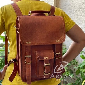 Mochila Vintage de Cuero Marrón, Bolsa de Cuero de Cabra Dos en Uno, Bolsa de Mensajero de Cuero, Bolsa Unisex - Product Image 1