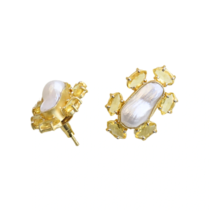 Brass Pearl Stud Earrings Wholesale Stud Authentic Gemstone <b>Jewelry</b> High Polish Gold Plated Unique Designer Pattern High - Product Image 3