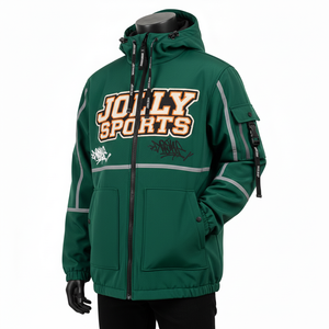 Veste Softshell pour homme 2025, nouvelle, haute densité, 310 GSM, polyester Softshell, panneaux réfléchissants verts, logo personnalisé - Product Image 4