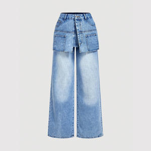 Vaqueros anchos asimétricos de cintura media transpirables y holgados para mujer, estilo urbano, desgastados, vintage, con dobladillo de mezclilla. - Product Image 1