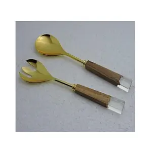 Paslanmaz çelik çatal bıçak kaşık seti ahşap ve reçine kolları ile en kaliteli altın renk sofra takımı toptan tedarikçisi için Set