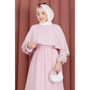 Robe d'été modeste rose, coupe trapèze, col cape, taille élastique, doublée en mousseline de soie - Product Image 2