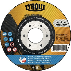 Disque de meulage TYROLIT CERABOND X D125xS7mm Offset INOX/Acier, alésage 22,23 mm, lot de 5 pour meuleuses - Product Image 1