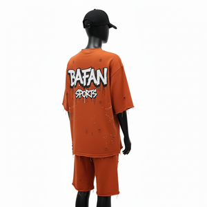 Women Premium Cotton Oversized T shirt Short set Soft Breathable Fabric <b>Rust</b> Color Distressed 100% Cotton T Shirt & Short Set - Product Image 5