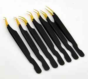Pince à épiler pour extension de cils Noir et Or en fibre d'acier inoxydable de haute qualité Pointe greffée pointue droite et incurvée - Product Image 6