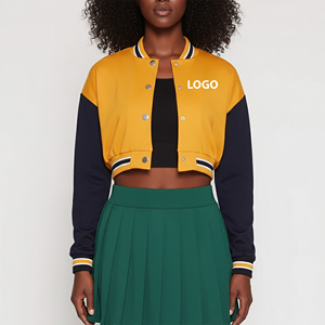 Chaqueta Universitaria de Fabricante OEM, Bordado Chenille, Estampado de Cuero, Ropa Urbana, Chaqueta Bomber Corta Personalizada de Béisbol para Mujer - Product Image 6