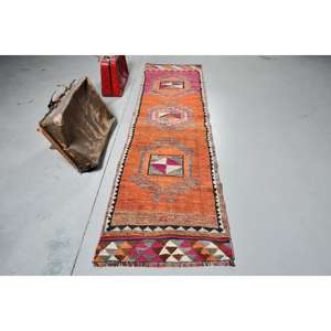 Alfombra Turca, Alfombra de Pasillo de 2.5x9.7 pies, Alfombra Oriental Vintage de Lana Naranja - Product Image 1