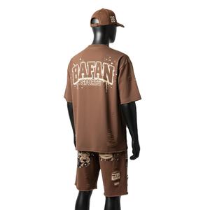 T-shirt et short pour homme, streetwear, jersey en coton lourd 240 GSM, short à panneaux marron terre, logo personnalisé imprimé à l'écran, ensembles de 2 pièces - Product Image 2