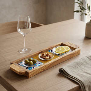 Plateau ottoman carré élégant personnalisable en bois d'olivier et céramique pour tables basses contemporaines - Product Image 3