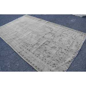 Turkish 5.9x10 ft <b>Rug</b>, Large Vintage <b>Rug</b>, Gray <b>Black</b> Floral Wool <b>Rug</b> - Product Image 1