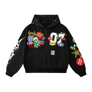 High Quality <b>black</b> <b>zip</b>-<b>up</b> <b>hoodie</b> with a bold colorful streetwear graphic design featuring patch style logos numbers - Product Image 1