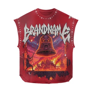Camiseta 100% algodón para hombre, corte holgado, estampada, 240 GSM, sin mangas, color rojo, diseño vintage, impresión DTG, logotipo personalizado. - Product Image 1