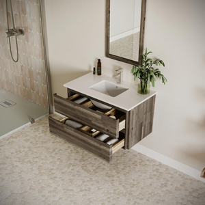 Meuble mural en bois avec 2 tiroirs sans poignée Meuble-lavabo de salle de bain moderne minimaliste Assemblage facile - Product Image 3