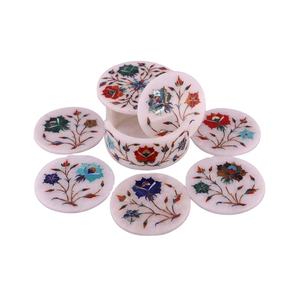 Handmade Handicrafts Round <b>White</b> Marble Inlay Coasters Hottest Selling Mother of Pearl Inlay coaster Bone Inlay Coasters - Product Image 1