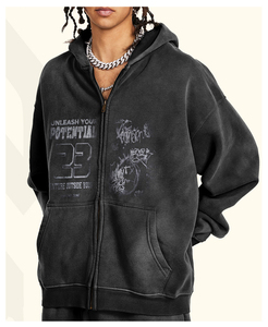 เสื้อมีฮู้ดซิป400gsm แฟชั่นสำหรับผู้ชายเสื้อฮู้ดโอเวอร์ไซส์ไซส์ใหญ่พิเศษแบบวินเทจซักกรด - Product Image 3