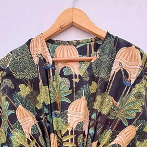 เดรสคาฟตันยาวถึงพื้นลำลองผ้าฝ้าย100% พิมพ์ลายรอบเอวธรรมชาติสำหรับสวมใส่แบบทางการ - Product Image 1