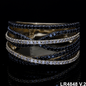 Anillo de declaración de varias filas chapado en rodio de oro blanco sofisticado Diamantes de banda cruzada de diamantes blancos negros de corte brillante - Product Image 3