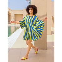 Robe Kaftan en Coton Tissé à Motifs Floraux avec Manches Évasées, Coupe Ample, Longueur Midi, Col à Nouer, Pompons, Tenue Décontractée d'Été