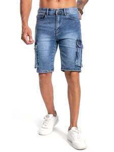 Pantalones Cortos Cargo de Mezclilla Lavada Azul Claro para Hombre, Cintura Media, Múltiples Bolsillos, Casuales, Elásticos, Estilo Bermuda, Ropa Urbana de Verano - Product Image 3