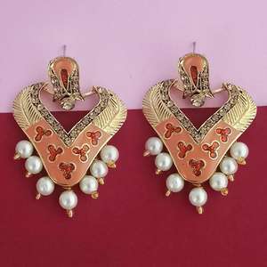 Boucles d'oreilles Kriaa Fine Dangle Plaqué Or avec Pierre Autrichienne Orange Meenakari Dangler Modèle 1314245B - Product Image 1