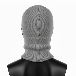 Women premium knit balaclava 300 GSM soft acrylic blend grey color with chenille custom logo and embroidered patches balaclava - Product Image 2