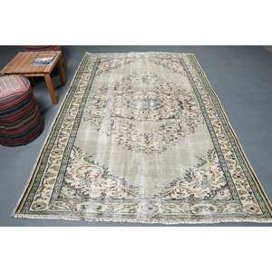 Tapis Turc Vintage 5.6 X 8.4ft Vert Beige Laine Patchwork Design Latex Support pour Maison Salon Chevet Rectangulaire Style-Tabriz - Product Image 1