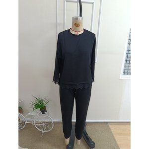 Ensemble deux pièces pour femme, chemisier à manches longues, col rond, dentelle, viscose, deux fils, et pantalon, 37343 - Noir - Product Image 5