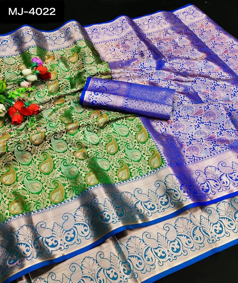 رداء عرق هندي ساري من الحرير بألوان جميلة من الفضة والكوبر نسيج زاري بالو غني ونسيج ذاتي التصميم بالكامل O