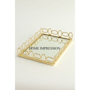 Marco chapado en oro de alta calidad de diseñador de cadena de lujo único de metal resistente con bandejas de servicio de restaurante y hotel de espejo de vidrio - Product Image 1