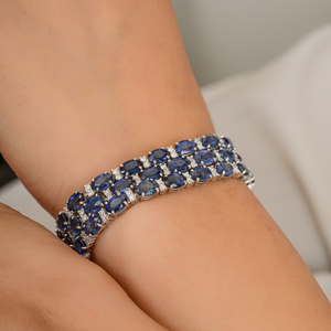 กำไลแต่งงานสามชั้นทองคำขาวแท้ 14k ประดับไพลินสีน้ำเงินธรรมชาติและเพชร ดีไซน์คลาสสิกและหรูหรา หินประจำเดือนกันยายน - Product Image 2