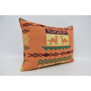 Orange Southwestern Geometric Wool Pillow 20x28 Inch Woven Decorative Accent with Vintage Leaves Square Pattern 18x18 <b>Cushion</b> - Product Image 3