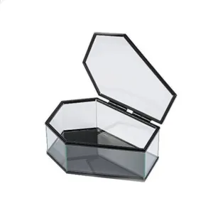 Mini caja de vidrio Anillo de almacenamiento y pendiente y brazalete Caja transparente de vidrio con base negra de metal Producto de la mejor calidad para el hogar Acabado negro - Product Image 1