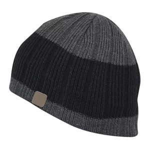 Bonnet en tricot bicolore gris anthracite et noir pour homme et femme, doux et extensible, avec petit patch en cuir avec logo, idéal pour l'hiver - Product Image 3