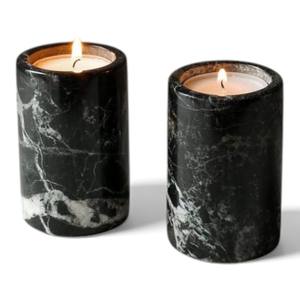 Ensemble de bougeoirs cylindriques en marbre noir avec texture de pierre naturelle pour un style d'intérieur contemporain - Product Image 1