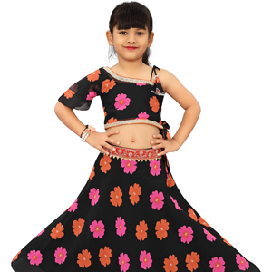 Shoryam Moda de Lujo Lehenga Choli Negro con Flores de Organza para Niñas |   Vestido Étnico Largo Hasta el Suelo, Diseño Contemporáneo, para Bodas y Fiestas - Product Image 1