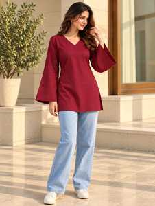 เสื้อทูนิคแขนยาวคอวีสีพื้นสำหรับผู้หญิงขายส่ง – เสื้อเชิ้ตแขนยาวลำลองคอวีสำหรับใส่ทุกวัน เสื้อทูนิคแขนยาวสีแดงสำหรับผู้หญิง - Product Image 1