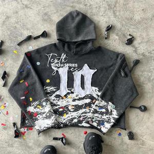 OEM Custom Manufacturer Men's Cropped Stone Acid Washed Sweat à capuche 3D Embroidery Distressed Patch Print Cut Sew pour la saison d'hiver - Product Image 1