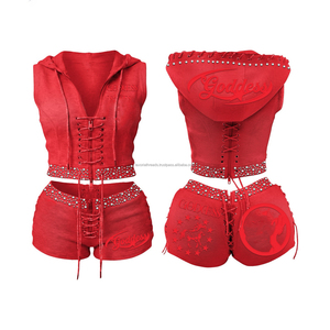 Ensemble deux pièces veste zippée et short 2026 pour femmes, avec logo personnalisé, strass de haute qualité, par les fabricants de vêtements - Product Image 1