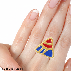 Bague géométrique abstraite en laiton artisanale, triangle audacieux en émail rouge et bleu, bijou statement - Product Image 2