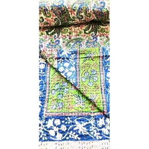 Handmade Kantha Printed Cotton <b>Quilt</b> Traditional Embroidered Bedspreads Blankets Hand Washable Soft <b>Winter</b> Summer Seasons 90x108 - Product Image 6
