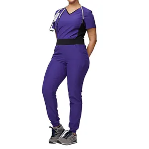 Novos produtos com bloqueio de cores para mulheres, blusa de cor para jogging, blusa de enfermeira roxa, blusa de hospital, calça uniforme para mulheres