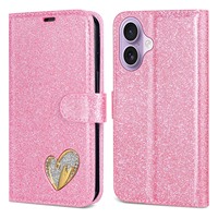 Étui en cuir coeur pailleté pour téléphone portable pour iPhone 17 Air 17 16 15 14 13 Étui en cuir à rabat pour téléphone Étui portefeuille en cuir PU