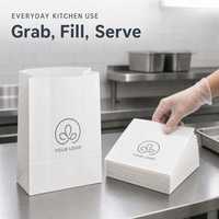 Sac en papier kraft blanc résistant à la graisse, personnalisable avec logo, pour emballage alimentaire à emporter, avec soufflet latéral à découpe dentelée, sac en papier vertical