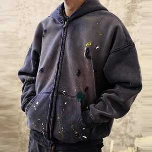 100% OEM เสื้อฮู้ดผู้ชายแบบซิปสีซักล้างแบบย้อนยุค80% ผ้าฝ้าย/20% โพลีเอสเตอร์ขนแกะ300-350กรัม - Product Image 4