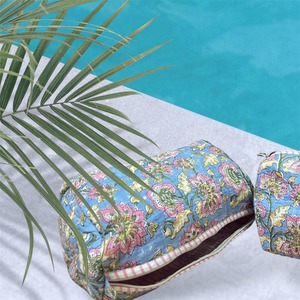 กระเป๋าเครื่องสำอางสีฟ้าใสทำด้วยมือ, ผ้าฝ้ายความจุสูงเป็นมิตรกับสิ่งแวดล้อมพิมพ์ลายบล็อกปิดซิปกระเป๋าเครื่องสำอางกันน้ำทนทาน - Product Image 2