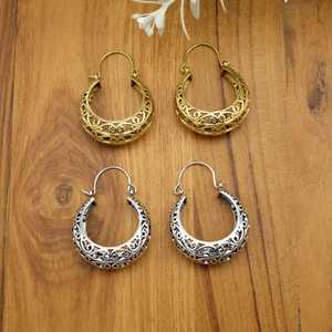 Pendientes de aro de latón intrincados, aros Bali de tono plateado dorado antiguo, joyería étnica Bohemia, pendientes llamativos para todos los días - Product Image 4