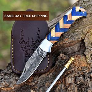 Offre Spéciale personnalisé fait à la main en acier damas couteau de poche pliant en cuir manche en bois beaux couteaux de Camping en plein air Support OEM - Product Image 6