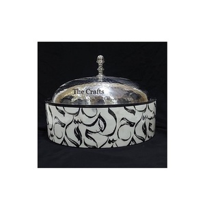 <b>Wooden</b> And Meena Work Hot Pot <b>With</b> Steel Hammered <b>Lid</b> For Wedding And Restaurant Serving Food Hot Pot - Product Image 1
